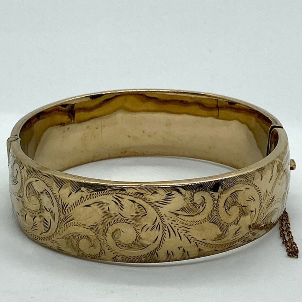 Vtg 9ct 9k Gold Floral Etched Bangle 9 Karat Gold w Metal Core 7” / 2.2”D